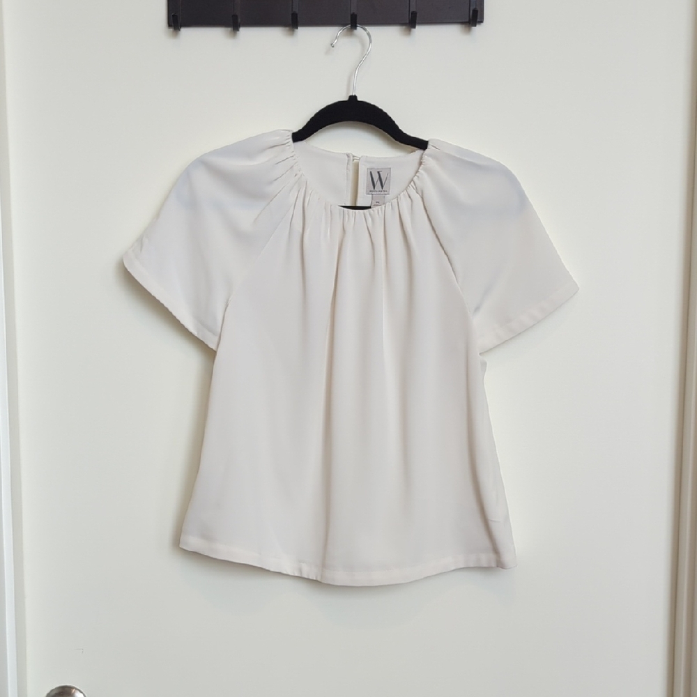 Worthington White Flutter Sleeve Blouse with Pleated Neckline